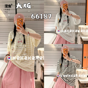 X2 66187大码日系卡通条纹短袖T恤女宽松大版撞色领休闲上衣夏季