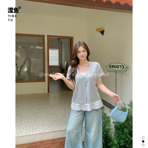 S+181119大码假两件短袖上衣女