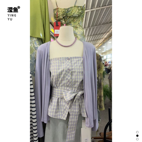 里里98227大码格子针织开衫女