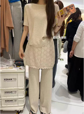 麦希 1028大码慵懒风针织两件套女夏百搭显瘦短袖上衣阔腿裤套装