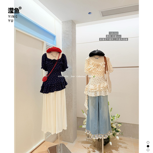 油菜 YD6368大码碎花泡泡袖荷叶边上衣女夏修身显瘦方领时尚T恤