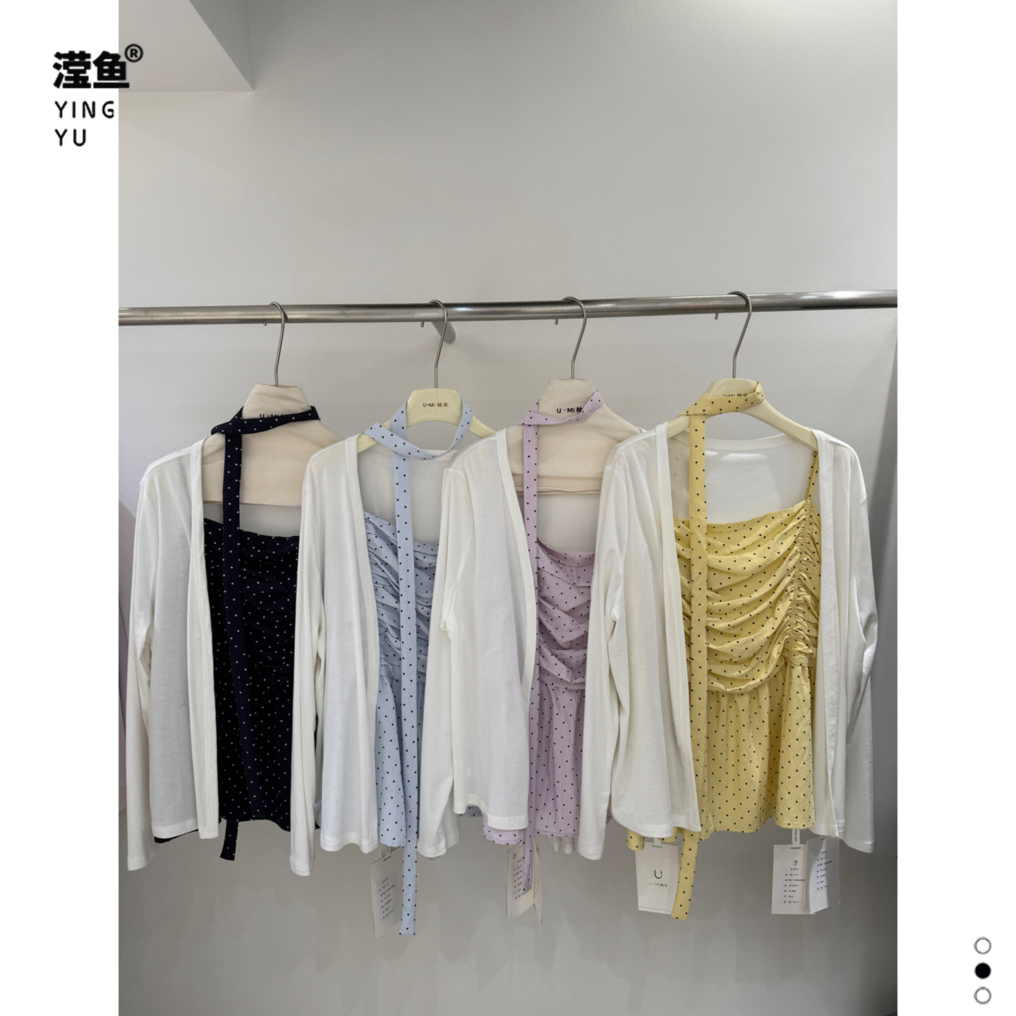 柚米 8739大码韩系圆点针织开衫吊带两件套女宽松叠穿设计感套装