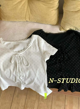 N W4178波点收腰显瘦上衣蝴蝶结蕾丝拼接短袖T恤女修身大码女装