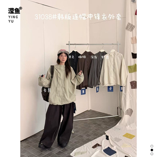 大7 31038大码韩版连帽拉链外套女宽松百搭显瘦松弛感通勤纯色