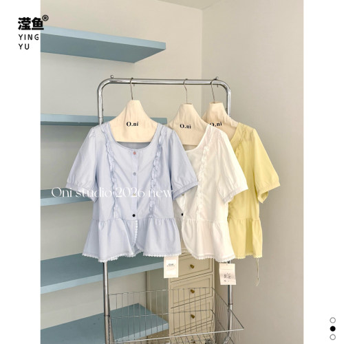 oni18213大码温柔花边短袖衬衫