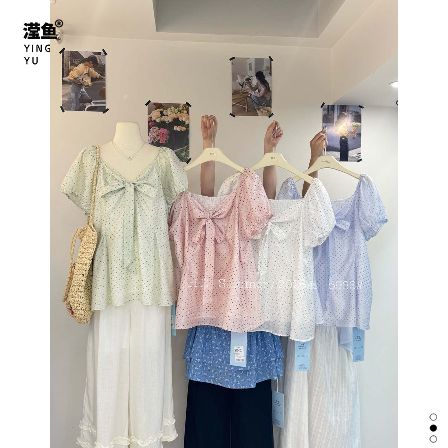 HE 5986大码甜美风泡泡袖圆点V领上衣女夏蝴蝶结碎花内搭短袖衬衫
