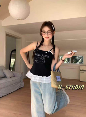 N W3752大码纯色卡通猫咪吊带背心夏蝴蝶结美背打底内搭外穿上衣