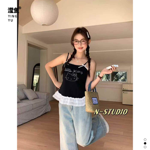 N W3752大码纯色卡通猫咪吊带背心夏蝴蝶结美背打底内搭外穿上衣