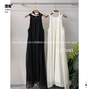 简约无袖 法式 挂脖A字连衣裙夏气质度假风褶皱长裙 F1277大码 FAFA