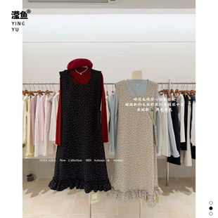 荷叶边通勤套装 碎花毛呢背心裙两件套女中长款 YD59018大码 油菜