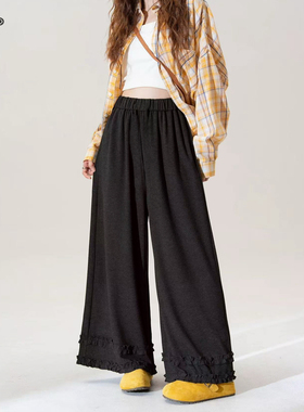 佐纳 96080大码秋冬荷叶边阔腿裤女秋冬宽松高腰垂感显瘦休闲长裤