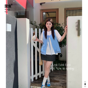 Tmi 26813大码韩式休闲风马甲两件套女春季短袖叠穿背心百搭上衣
