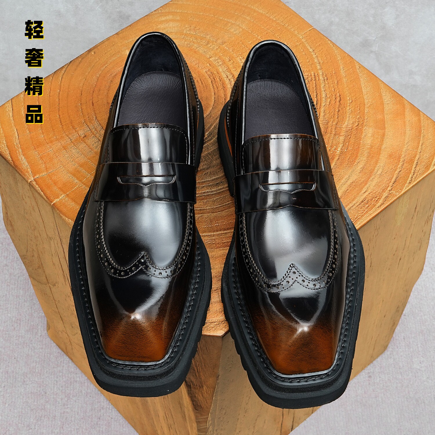 漆面皮鞋男一脚蹬真皮雕花乐福鞋男士牛皮厚底商务正装结婚手工鞋