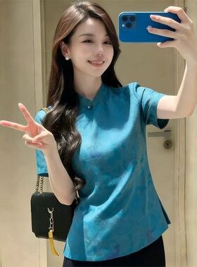 新中式小众风蓝色盘扣短袖上衣女装复古气质优雅显身材大码内搭款