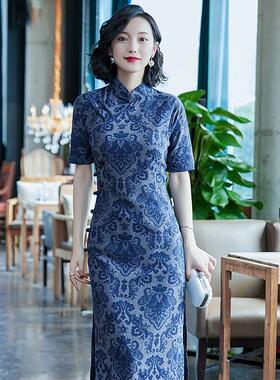 蓝色中国风旗袍夏装新款女装日常改良复古优雅气质长款连衣裙