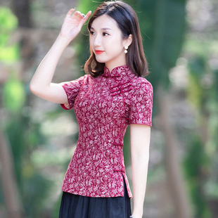 棉麻传统民族风女装 复古修身 女中国风改良半身旗袍上衣短袖 唐装