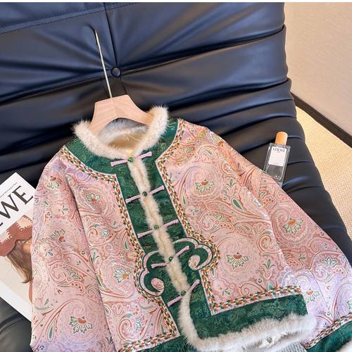 新中式国风提花拼接毛袖外套女冬款复古加厚盘扣唐装上衣