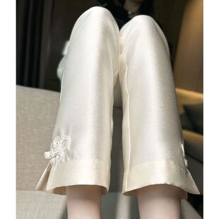 小个子高腰复古盘扣烟管裤 子女春秋新款 裤 仿真丝丝毛白色西装