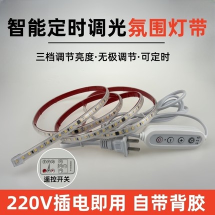 高压220V智能定时无极调光灯带led灯条自粘超亮开关床头氛围灯带