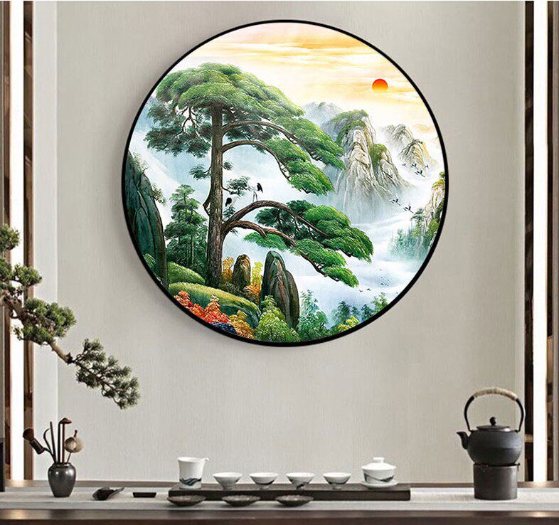 餐厅圆形招财风景画迎客松十字绣