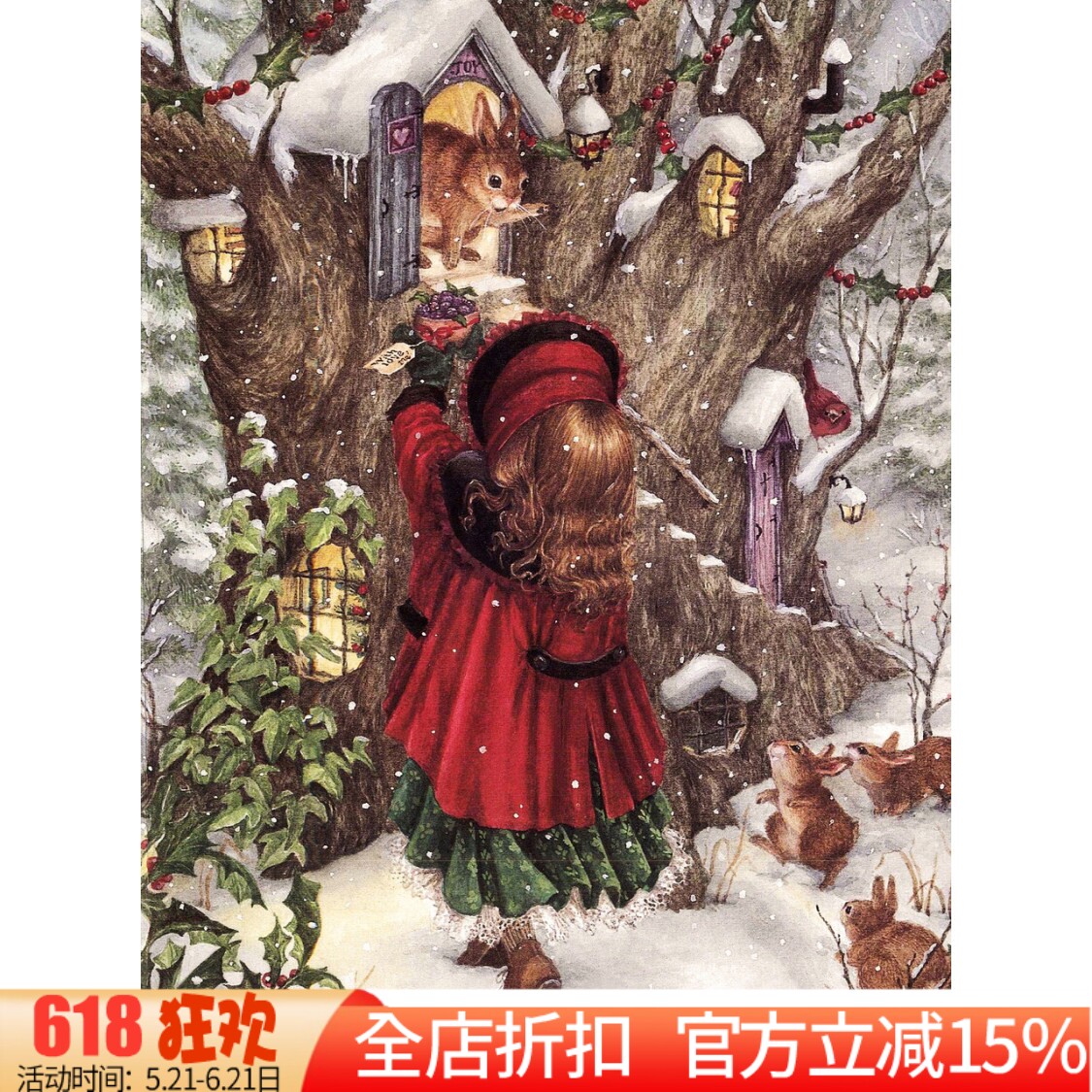 卡通油画温馨风兔子小女孩十字绣