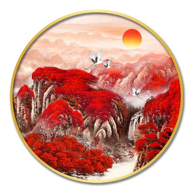 新款正品DMC十字绣新中式圆形沙发背景墙办公室山水风景鸿运当头
