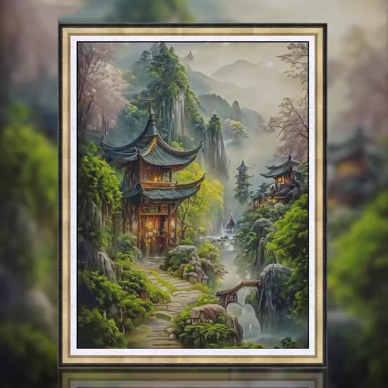 新款正品DMC十字绣手工线绣客厅卧室玄关山水风景画 仙境凉亭