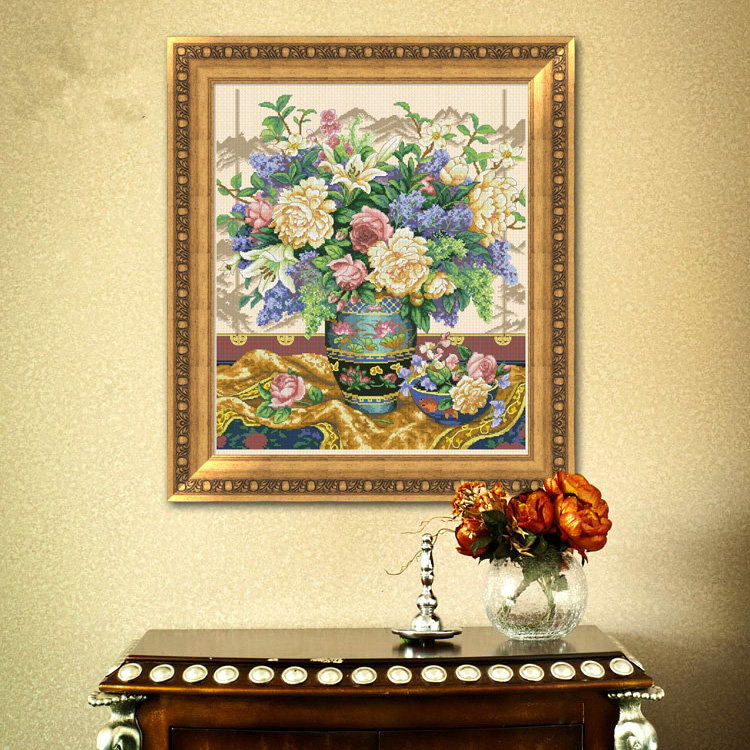 印花十字绣客厅油画花卉古典花瓶