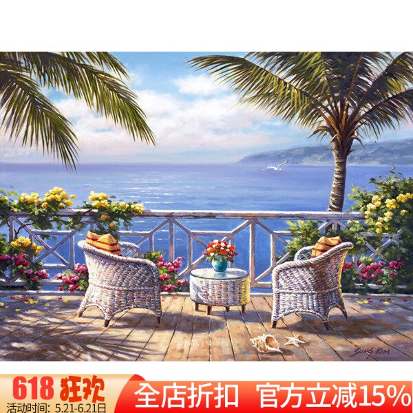 印花新款法国DMC线十字绣纯棉绣线正品客厅风景 海边的两把椅子
