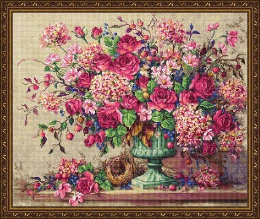 新款正品DMC十字绣客厅卧室餐厅欧式油画花卉艳丽的玫瑰绣球瓶花