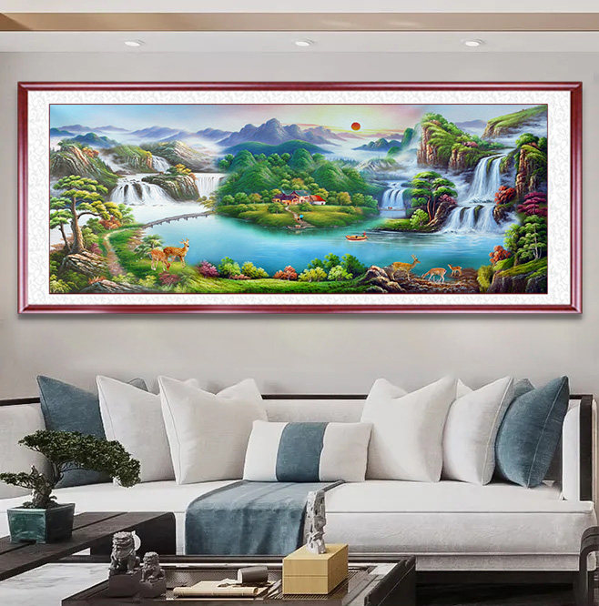 新款印花正品DMC十字绣纯棉线绣客厅办公室书房山水风景画聚宝盆