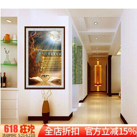 新款法国正品DMC十字绣手工线绣客厅玄关油画 竖版天鹅湖发财树