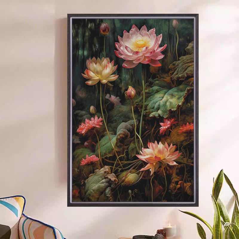 卧室餐厅玄关画竖版荷花十字绣