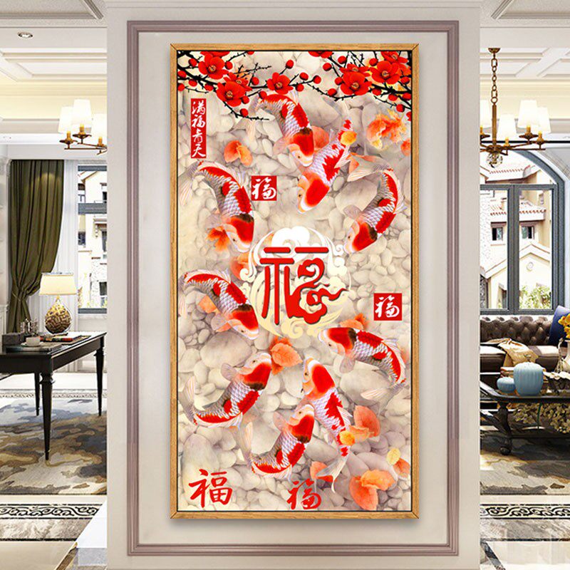 新款印花正品DMC十字绣纯棉线绣客厅玄关竖版新中式动物九鱼聚福