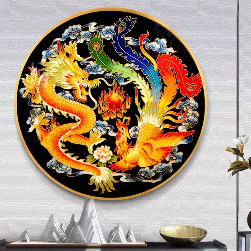 玄关结婚喜庆圆形龙凤呈祥十字绣