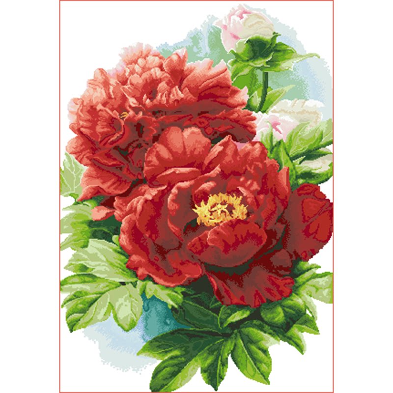 新款印花正品DMC十字绣套件客厅玄关餐厅新中式竖版花 富贵红牡丹