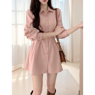 韩版纯色收腰显瘦衬衫连衣裙女装春季新款小个子短裙气质衬衣裙子