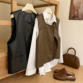 高级气质双排扣柔软皮马甲开衫 外套马夹 休闲洋气复古无袖 女装 春季