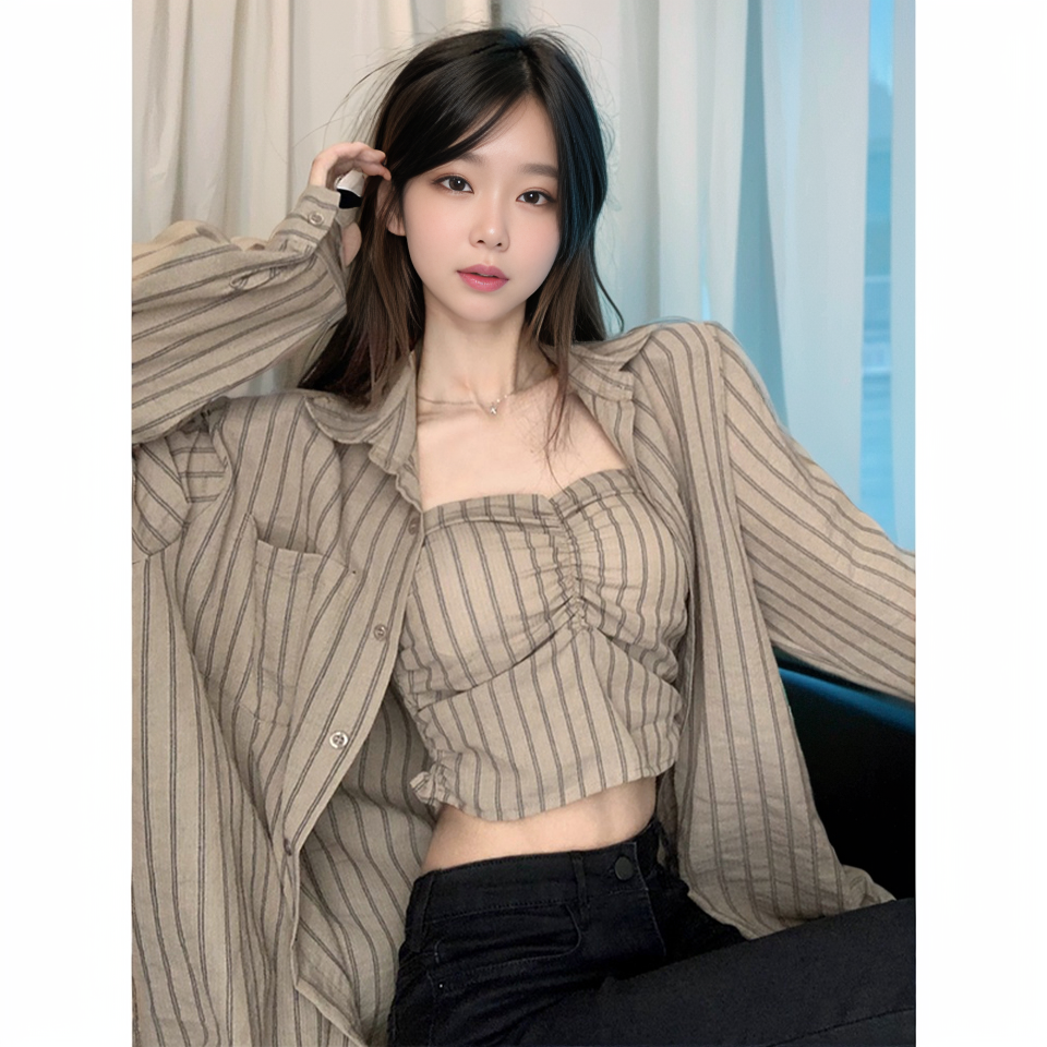 辣妹抹胸背心女装春季小众设计感咖色条纹长袖衬衫上衣两件套装女