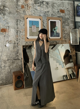 韩版复古西装无袖灰色马甲背心女夏季开叉半身裙高级感两件套装女