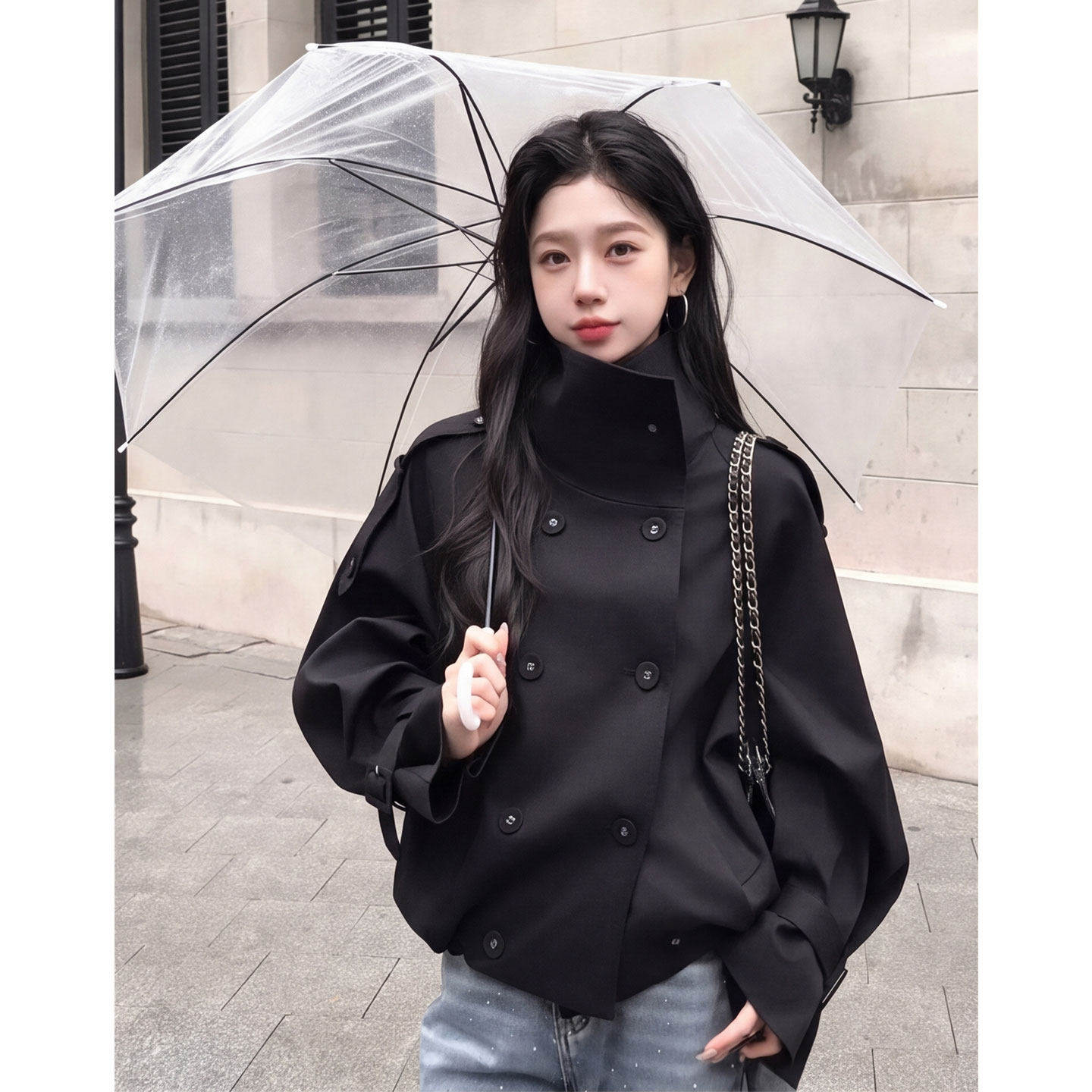 【送运费险】黑色短款长袖风衣女