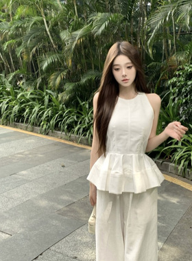 甜美奶乖套装荷叶边白色无袖背心女夏季休闲阔腿裤长裤气质两件套