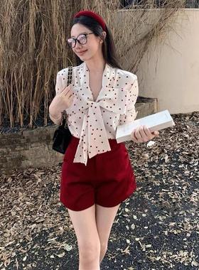 复古港风红色波点衬衫套装女秋季新款设计感蝴蝶结衬衣长袖上衣女