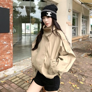設計感寬松休閑短款 外套女 新款 英倫風高級感雙排扣立領風衣女秋季