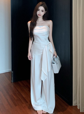 辣妹不规则绑带收腰短款无袖抹胸背心女夏季高腰显瘦阔腿裤套装女