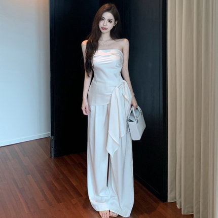 辣妹不规则绑带收腰短款无袖抹胸背心女夏季高腰显瘦阔腿裤套装女