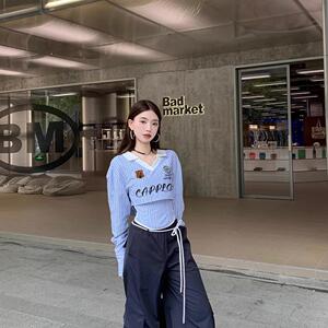美式辣妹条纹修身短款v领长袖衬衫吊带背心工装裤秋季三件套女装