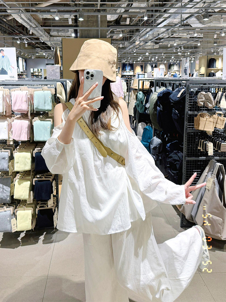 白色露肩衬衫套装女春季2025年新款休闲阔腿裤长裤小个子两件套女