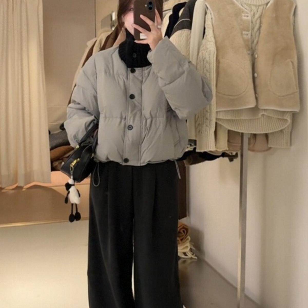 韩系针织拼接半高领短款棉服外套