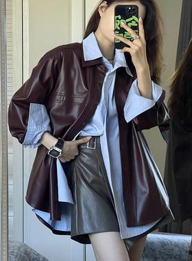 2025秋季美拉德穿搭复古PU皮衣外套夹克女时尚百搭衬衫一整套装女